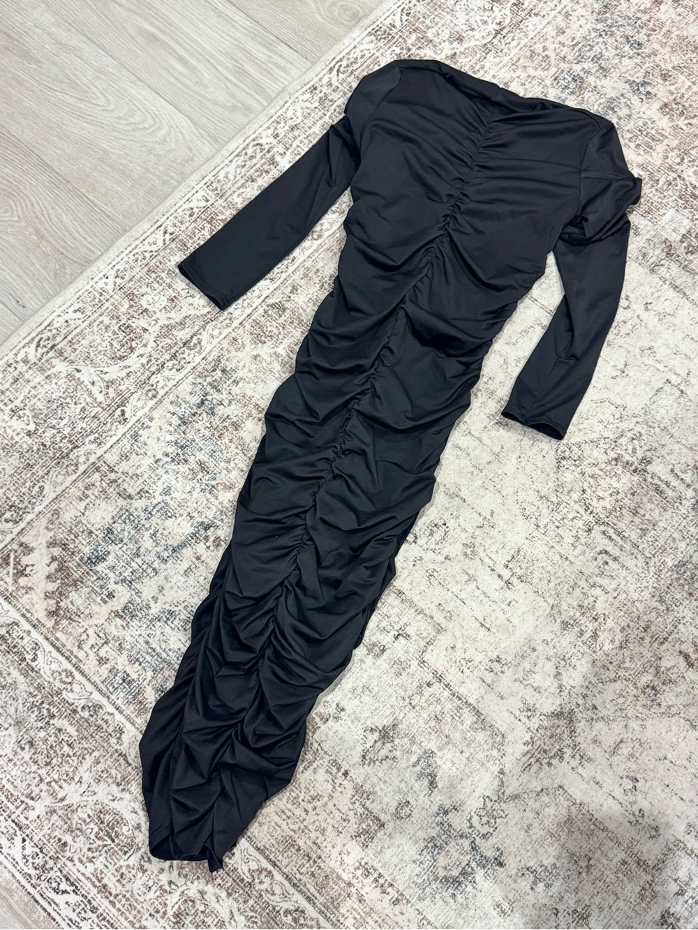 Ruched Long Sleeve Black Dress